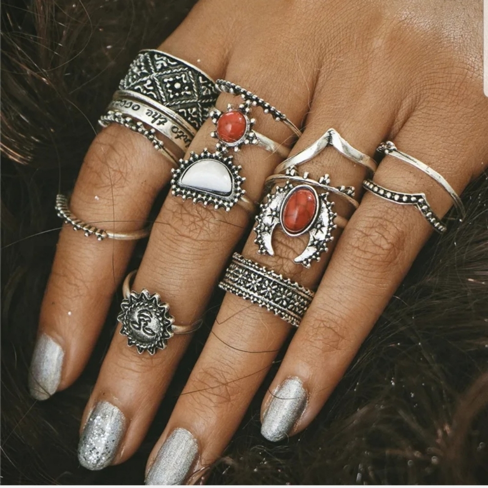 Antique silver 14 piece boho red & white stone sun and moon stackable ring set